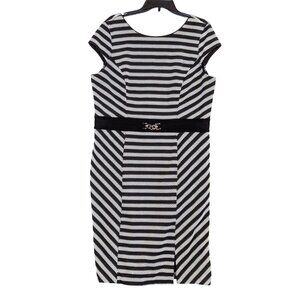 White House Black Market Striped Midi Dress W/ Belt Accent Size 16 Black & White